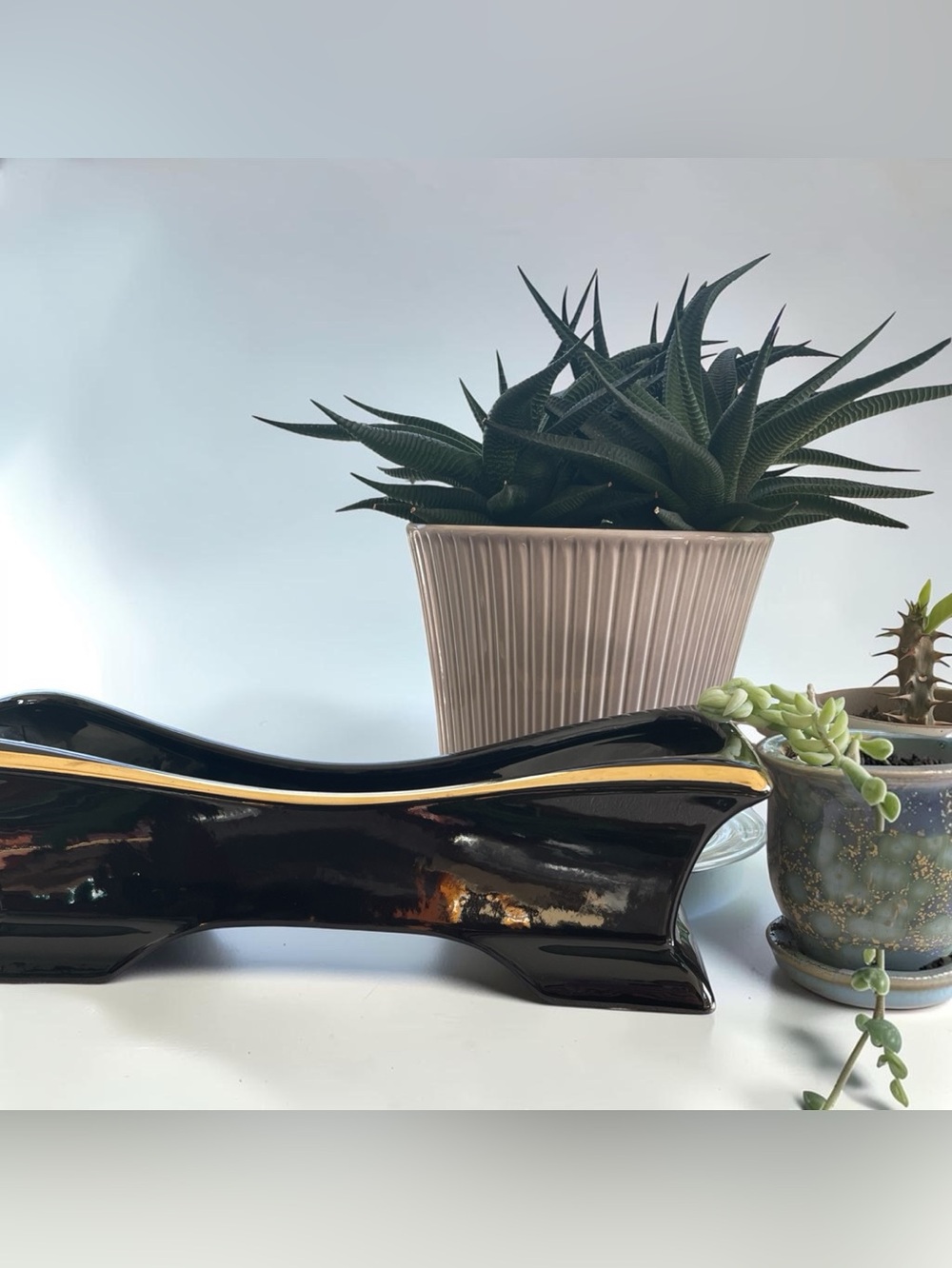 Stanford ware glossy black planter, 1950s, distinctive 24 carat gold trim